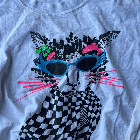 VINTAGE CAT WHISKER SWEATSHIRT 80s RETRO CREWNECK MENS LARGE WHITE USA - Picture 2 of 5